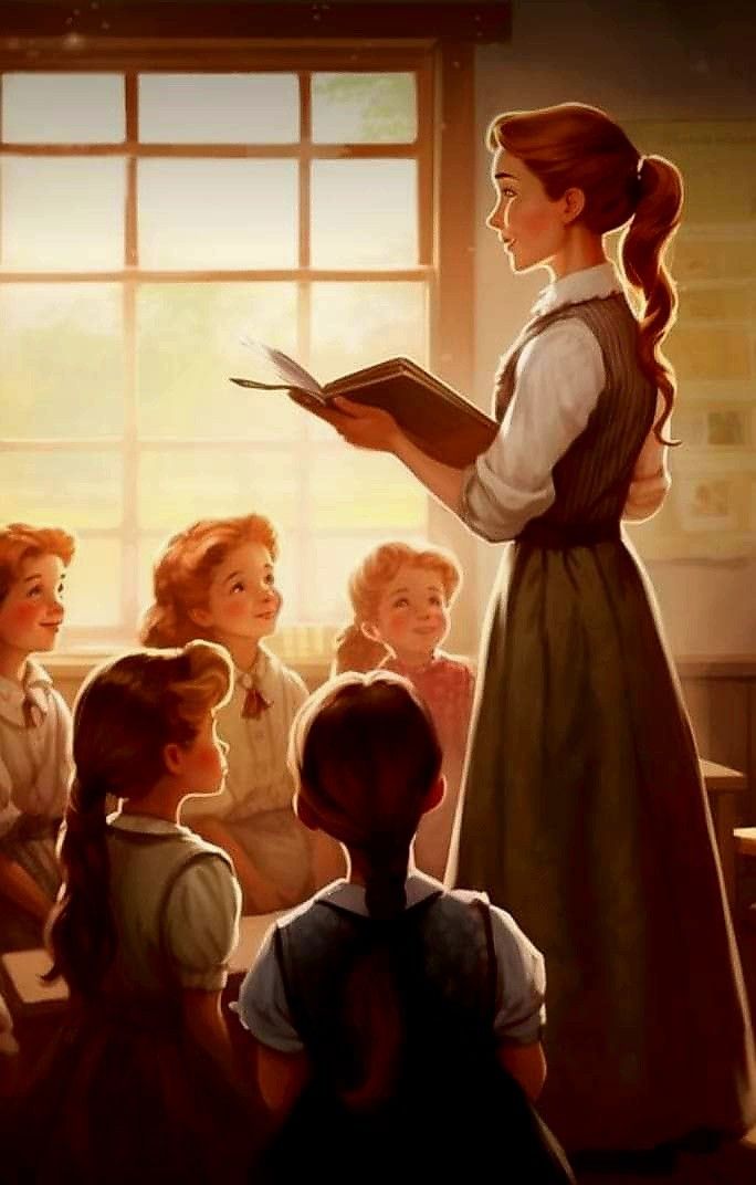 a painting of a woman reading to children in front of a window with sunlight coming through the window