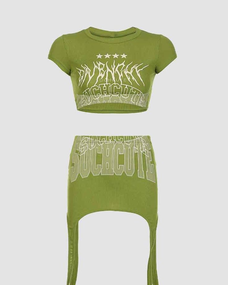 Details: Grunge coord set with SUCHCUTE letter printTop Length: CroppedSleeve Length: Short SleevesSkirt Length: ShortMaterials:95% Polyester + 5% Spandex Trendy Fitted Crew Neck Set, Spring Crew Neck Sets, Green Cotton Crew Neck Sets, Green Graphic Print Summer Sets, Green Summer Set With Graphic Print, Summer Green Sets With Graphic Print, Green Short Sleeve Sets With Letter Print, Green Short Sleeve Set With Letter Print, Trendy Green Short Sleeve Sets