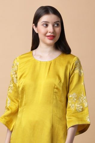 Mustard kurta with floral dori embroidery. Paired with coordinating pant and dupatta. - Aza Fashions Festive Straight Kurta Sharara With Embroidered Sleeves, Festive Sharara With Embroidered Sleeves And Straight Kurta, Festive Sharara With Embroidered Straight Kurta, Fitted Chanderi Set With Embroidered Sleeves, Embroidered Border Sharara For Reception, Festive Embroidered Sleeve Sets For Reception, Festive Reception Sets With Embroidered Sleeves, Straight Kurta Set With Embroidered Sleeves For Diwali, Wedding Sharara With Embroidered Sleeves And Straight Kurta