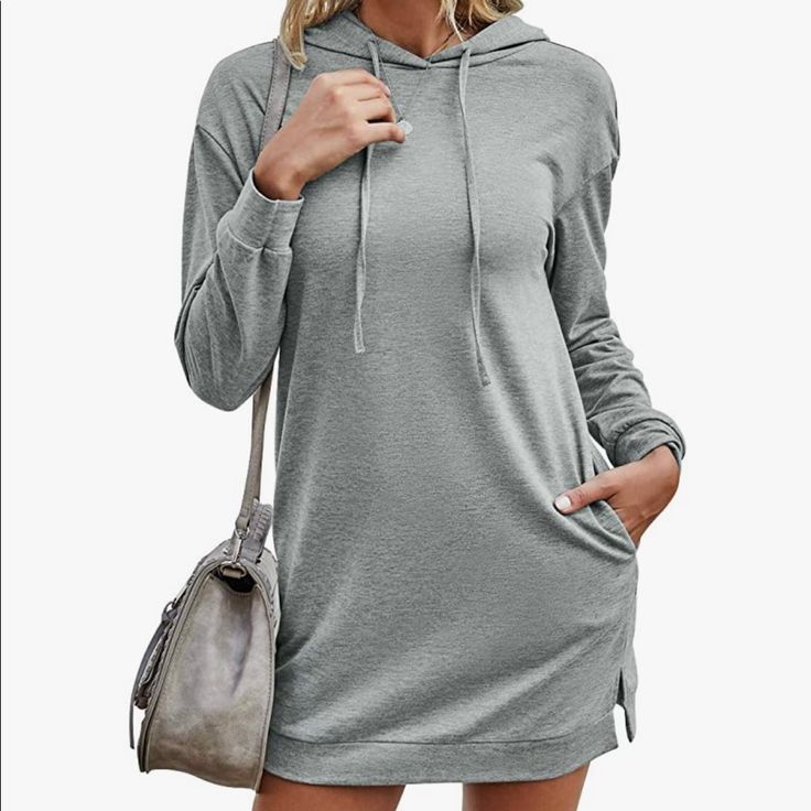 Gray New Never Worn Cotton Sweatshirt Dress With Long Sleeves For Spring, Cotton Sweatshirt Dress For Spring Loungewear, Spring Cotton Sweatshirt Dress For Loungewear, Casual Solid Color Hoodie For Spring, Casual Cotton Sweatshirt Dress For Fall, Casual Gray Long Sleeve Dress, Casual Cotton Hooded Sweatshirt Dress, Casual Hooded Cotton Sweatshirt Dress, Casual Long Sleeve Sweatshirt Dress For Fall