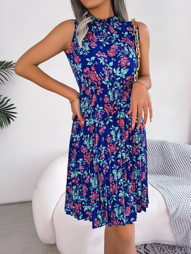 Elegant Floral Cinched Pleated Dress - Royal Blue,XL Casual A-line Maxi Dress With Smocked Back, Casual Ruched Dresses For The Beach, Casual Ruched Dresses For Beach, Casual Ruched Beach Dress, Casual Floral Dress With Smocked Back For Day Out, Casual Fitted Floral Dress With Smocked Back, Casual A-line Midi Dress With Pleated Waist, Casual Fit And Flare Mini Dress For Daywear, Casual A-line Floral Dress For Vacation