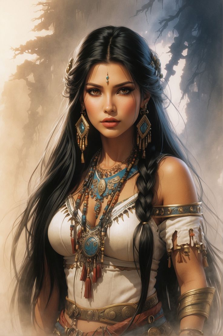 a woman with long black hair wearing jewelry