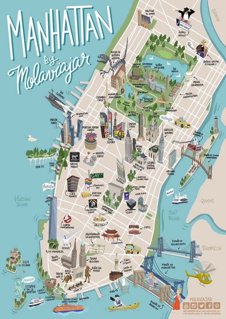 an illustrated map of manhattan, new york and the surrounding city with lots of buildings