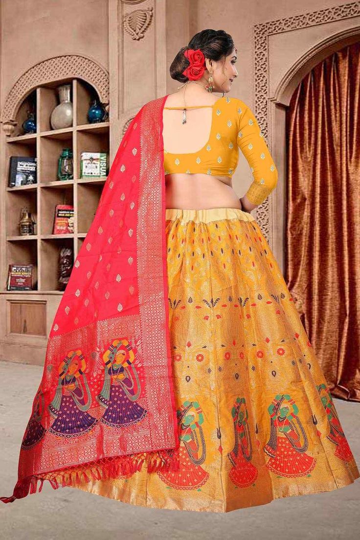 color-yellow, fabric-jacquard, work-woven, brand-name-krupali-savani,occasion-festivewear, occasion-wedding-guest, womenswear,ideal-for-women, lehengas, Product Features: Color: Yellow Lehenga Fabric: Jacquard Choli Fabric: Jacquard Work: Zari Woven Sleeves: 3/4 Sleeves Neck Type: Round Neck Wash Care: Dry Clean Occasion: Festivewear, Wedding Guest Product Type: Lehenga Choli with Dupatta Disclaimer: There will be slight difference in digital to actual image Bollywood Lehenga With Motifs, Semi-stitched Yellow Lehenga With Motifs, Yellow Semi-stitched Lehenga With Motifs, Fitted Gold Sets With Zari Weaving, Art Silk Choli With Meenakari Detailing, Chanderi Sets With Meenakari, Art Silk Meenakari Choli, Gold Lehenga With Zari Weaving For Party, Festive Yellow Lehenga With Motifs