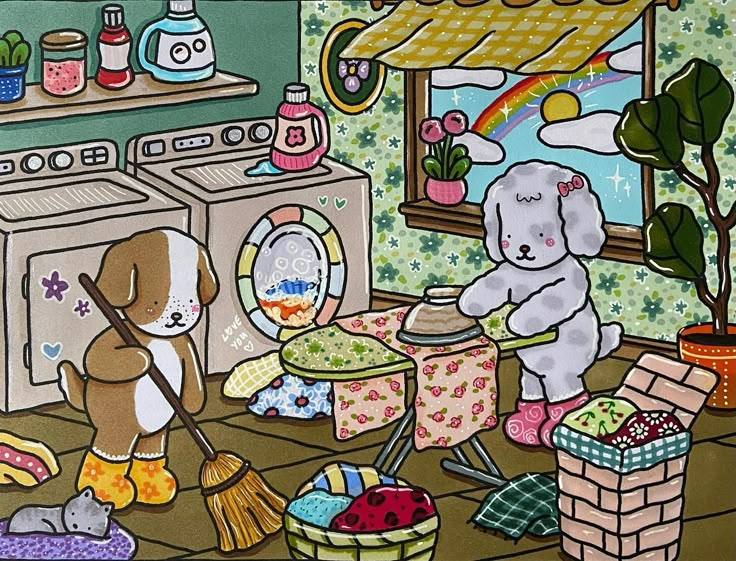 a painting of two stuffed animals cleaning dishes in a kitchen with an oven and washing machine