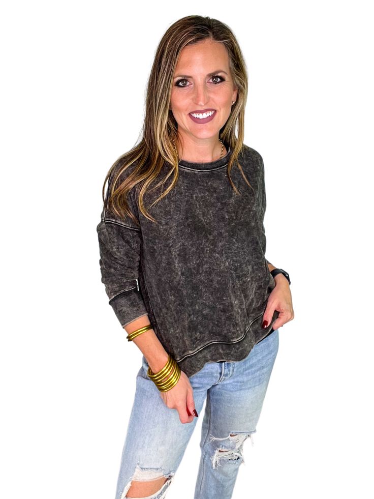 Our new French Terry Acid Wash Pullover is the perfect comfy top for a casual day! It features an acid wash giving it a vintage look, boat neck, and long sleeves. Fit is true to size. Kourtney is in a medium in green and pink, but small in black and blue. She preferred the medium for length and relaxed fit. 100% Cotton. Machine wash cold, gentle cycle, tumble dry low. Size Measurement (inch): S: 24.0 (Bust), null (Waist), null (Hips), 21.0 (Length) M: 24.5 (Bust), null (Waist), null (Hips), 21.5 (Length) L: 25.0 (Bust), null (Waist), null (Hips), 22.0 (Length) Comfy Tops, Green And Pink, Last Call, Acid Wash, Boat Neck, Vintage Look, Sweater Jacket, T Shirt Top, Vintage Looks