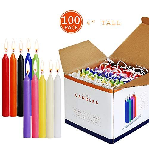 the candles are all different colors and sizes in a box with each candle individually labeled