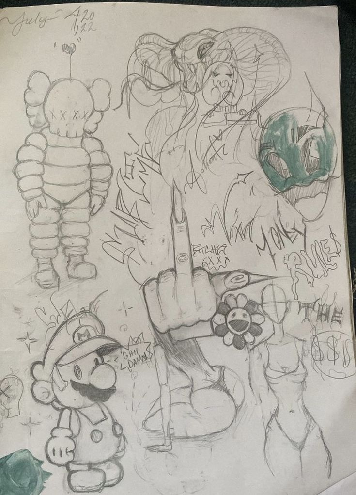 this is a drawing of some cartoon characters on a piece of paper that has been drawn