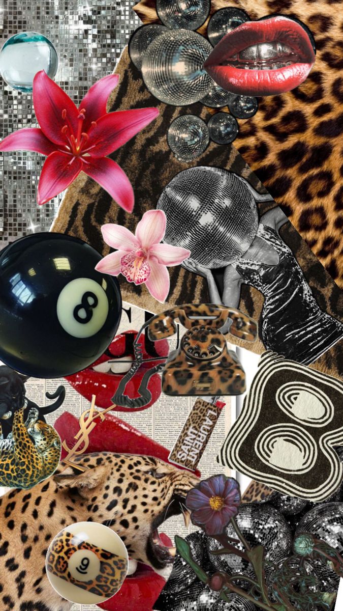 a collage of various objects including balls, flowers and other things in the background