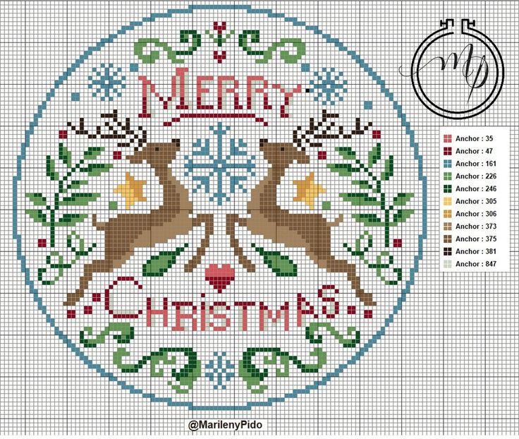 a cross stitch christmas ornament with two deers in the center and merry lettering on