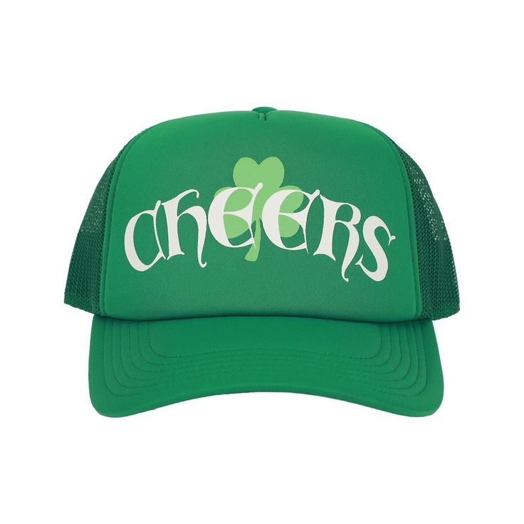 Celebrate St. Patrick's Day in style with this green trucker hat, adorned with a charming clover and the cheerful message "Cheers" in white letters. The festive design adds a touch of Irish spirit to your ensemble, making it a perfect accessory for the joyful celebrations. Crafted with precision from 100% polyester, this hat guarantees a comfortable fit, while the adjustable snapback closure ensures versatility in sizing. The green mesh detailing on the sides and back adds a classic trucker hat White Letters, Scarf Hat, Adjustable Hat, St Patrick’s Day, Festival Fashion, Trucker Hat, Fitness Fashion, Fabric Weights, Fashion Branding