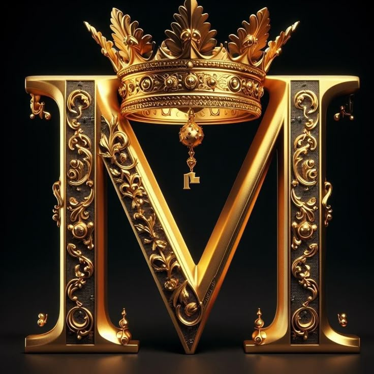 the letter m is made up of gold and has a crown on top of it