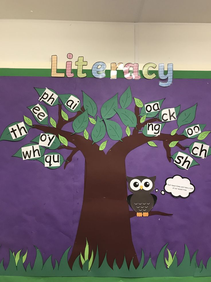 a bulletin board with an owl sitting on a tree and words that spell out the word