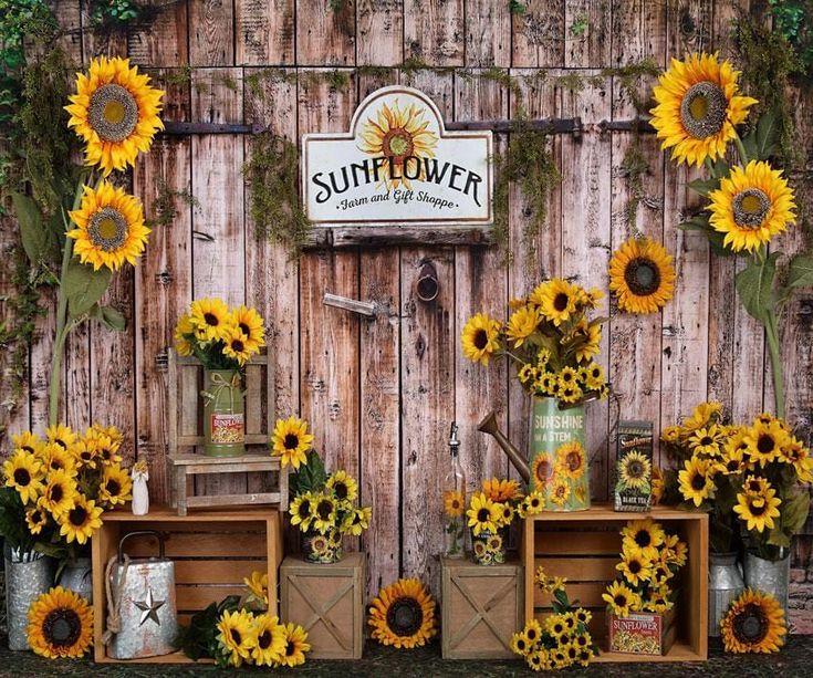 sunflowers are arranged in front of an old wooden wall with a sign that says sunflower