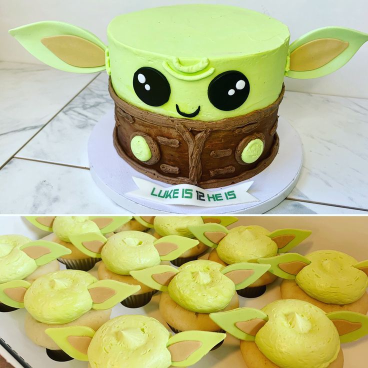 there are two cakes and cupcakes that look like yoda from star wars