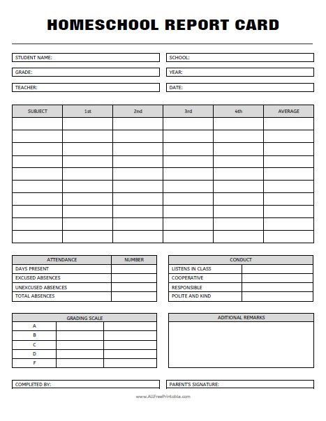 student report card template for students