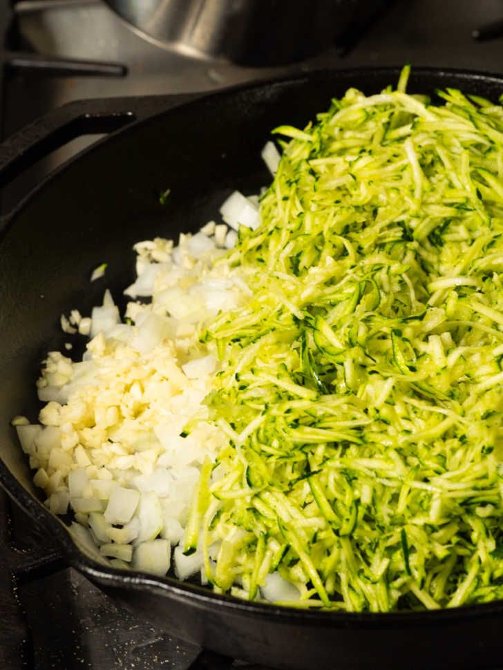 the food is being cooked in the skillet on the stove top, ready to be eaten