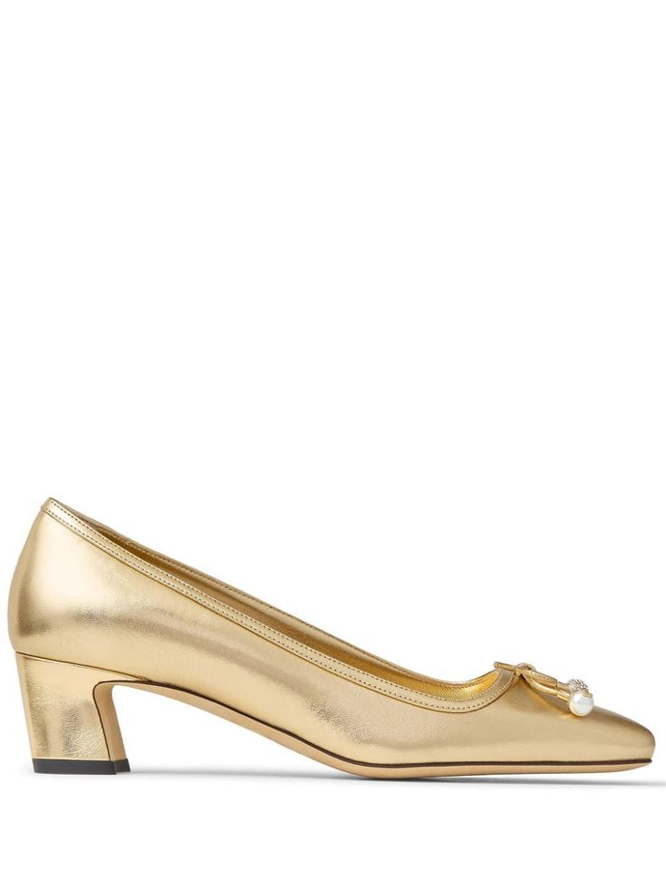 gold-tone leather square toe branded insole metallic finish bow detailing crystal embellishment low block heel Jimmy Choo Bow, Jimmy Choo Bee 100, Luxury Gold Heels With Gold-tone Hardware, Jimmy Choo Golden Heels, Sparkly Jimmy Choo High Heels, Beige Jimmy Choo Heels, Gold High Heels, Square Toe Shoes, Jimmy Choo Pumps