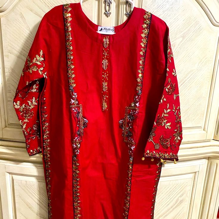 2 Pieces Dress With Sequences Embriodery Red Embellished Kurta For Festive Occasions, Red Embellished Festive Kurta, Red Floral Embroidered Kurta For Eid, Red Floral Embroidery Kurta For Eid, Red Embellished Kurta For Festivals, Festive Red Embellished Kurta, Red Kurta For Spring, Red Kurta With Resham Embroidery For Celebration, Red Kurta With Resham Embroidery For Spring