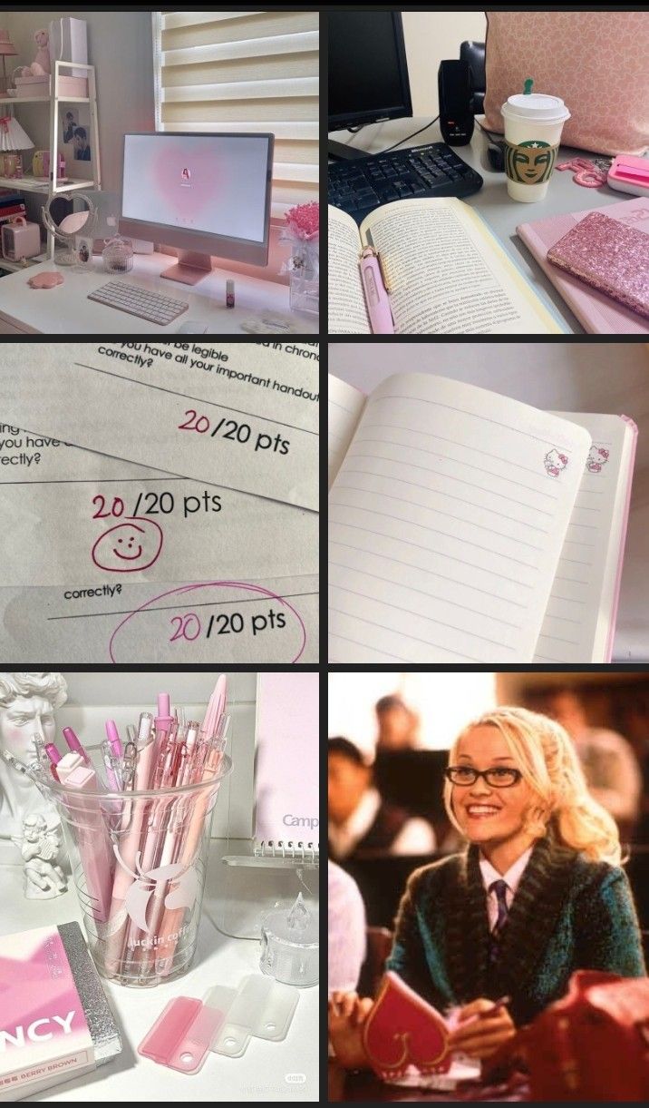 a collage of photos with pink and white items on them, including notebooks