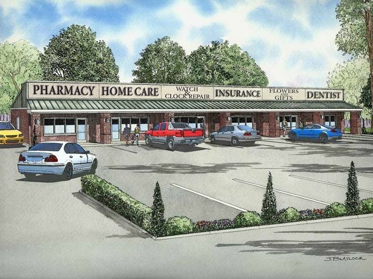 an artist's rendering of a pharmacy with cars parked in the parking lot