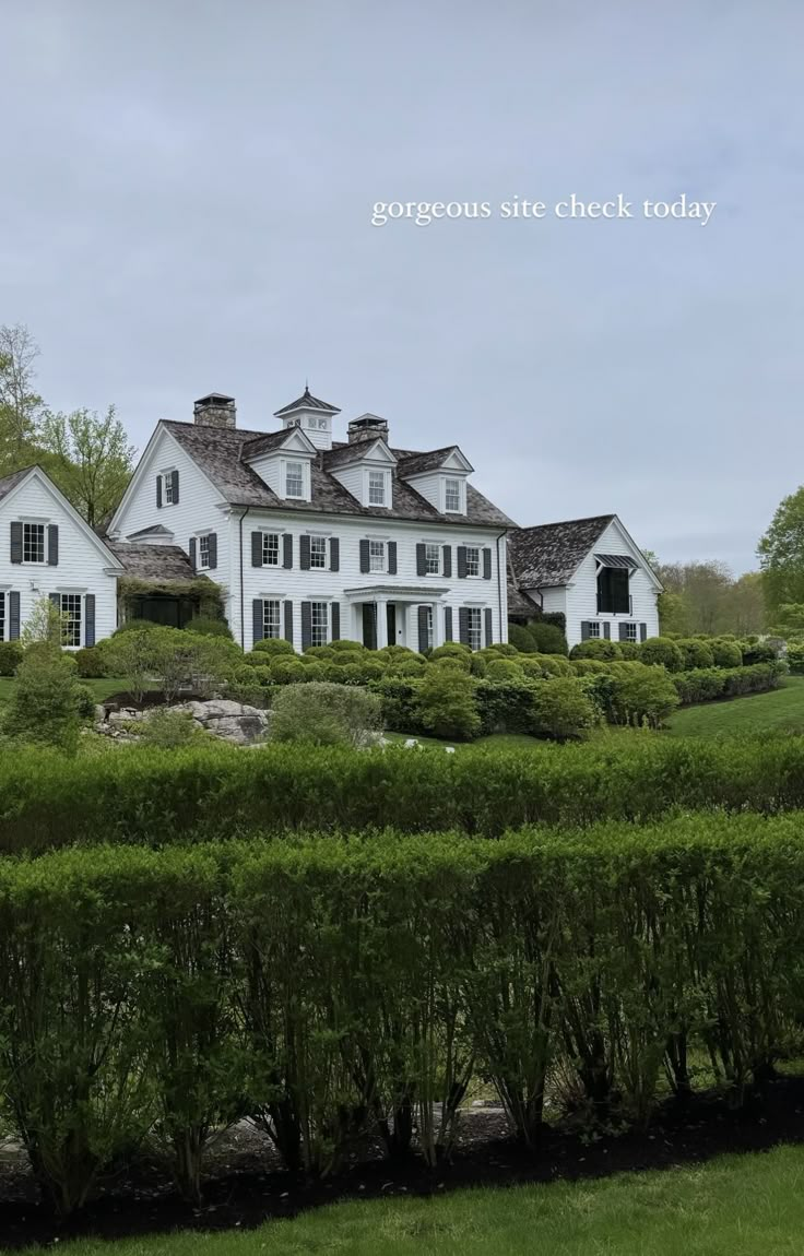 a large white house sitting in the middle of a lush green field next to a hedge