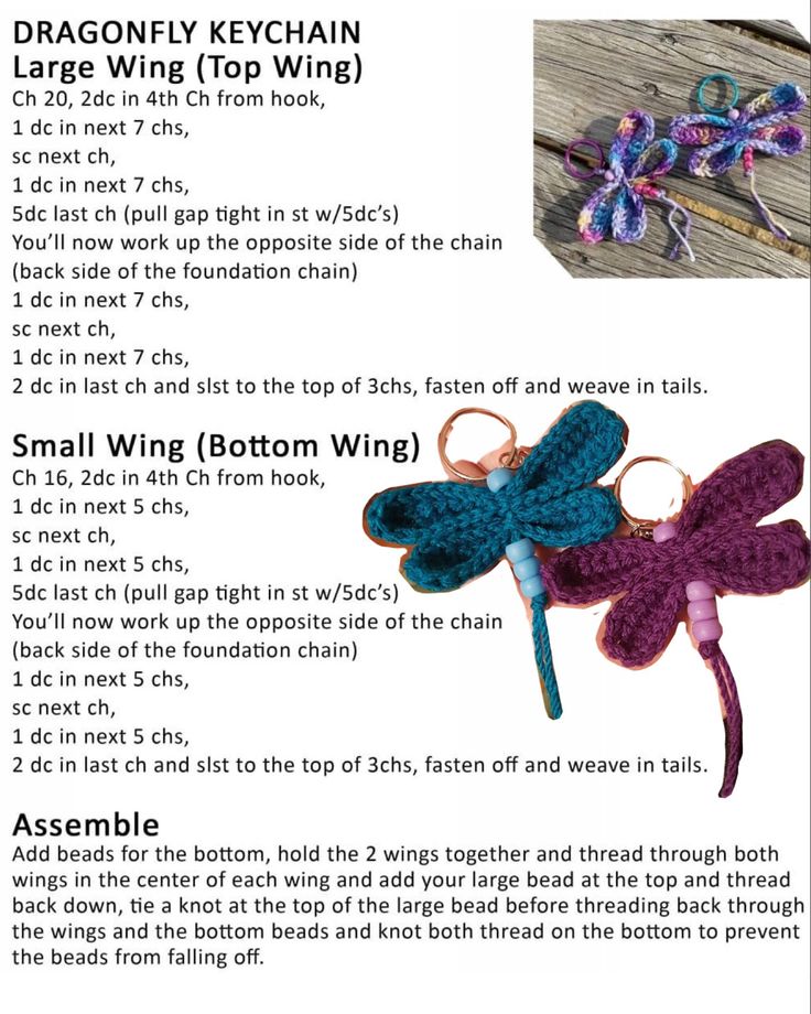 instructions for crochet dragonfly keychain with text describing how to make it