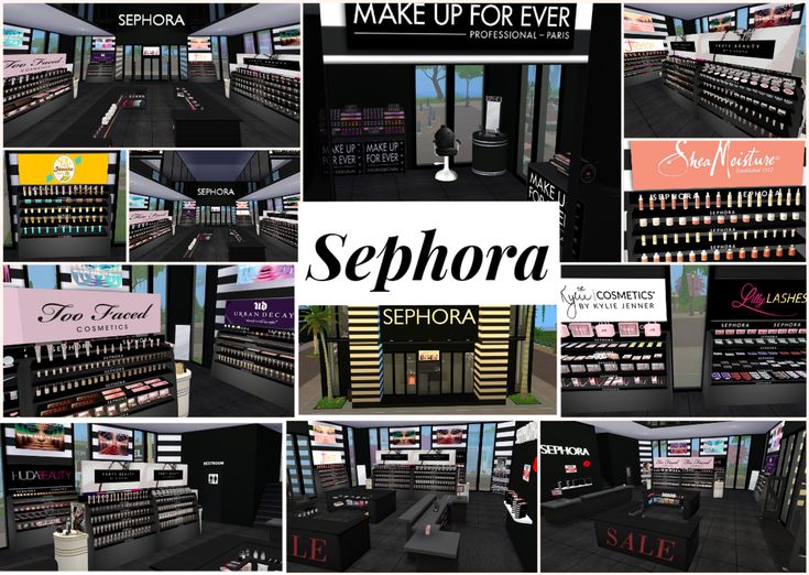 sephora cosmetics display in multiple pictures with the words sephora written on each shelf