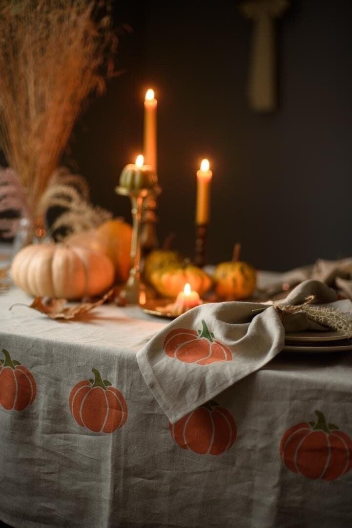 a table with pumpkins and candles on it