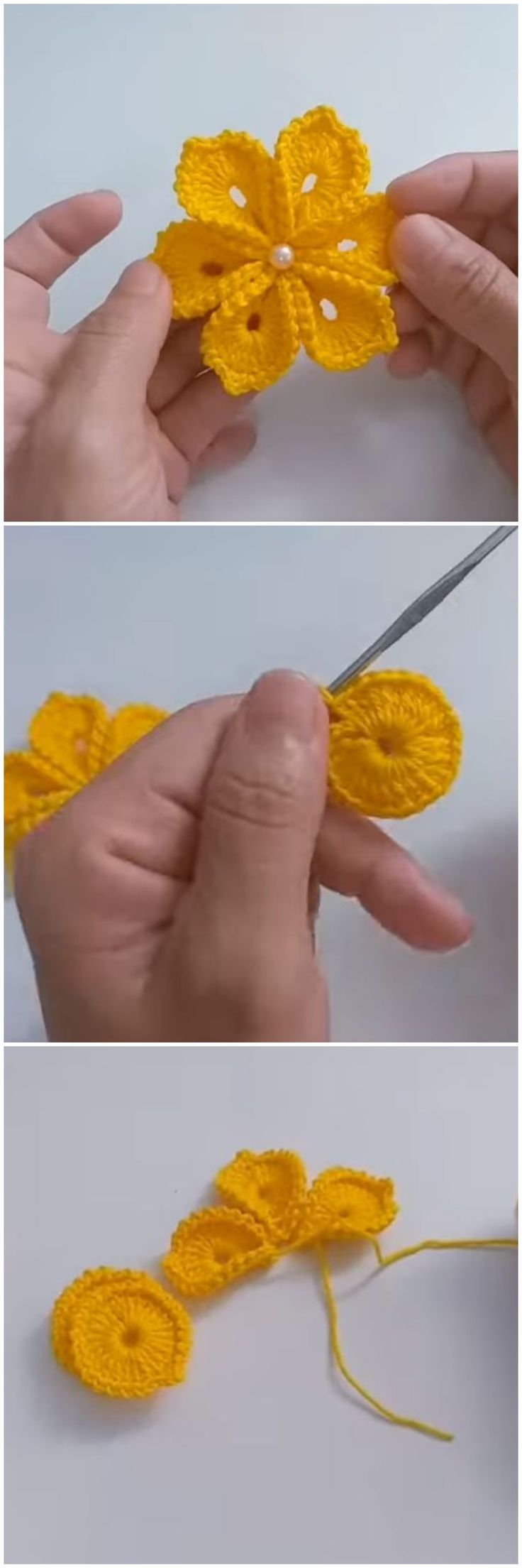 the process of making crochet flowers is shown in three different stages, including one being