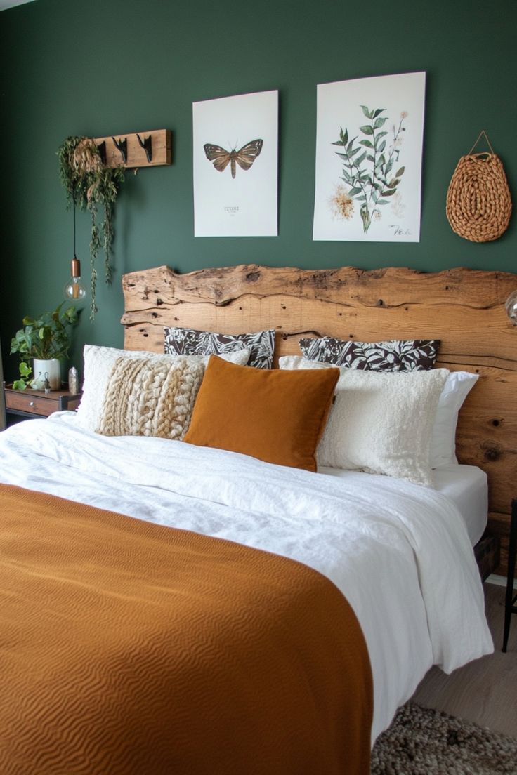 a bed with two paintings on the wall above it and some pillows in front of it