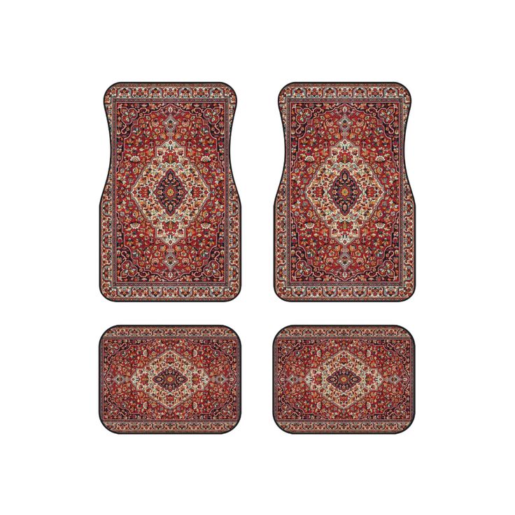 four red rugs with an intricate design