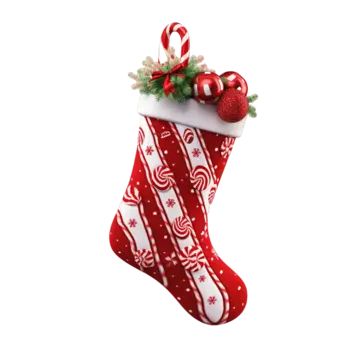 a red and white christmas stocking with candy canes