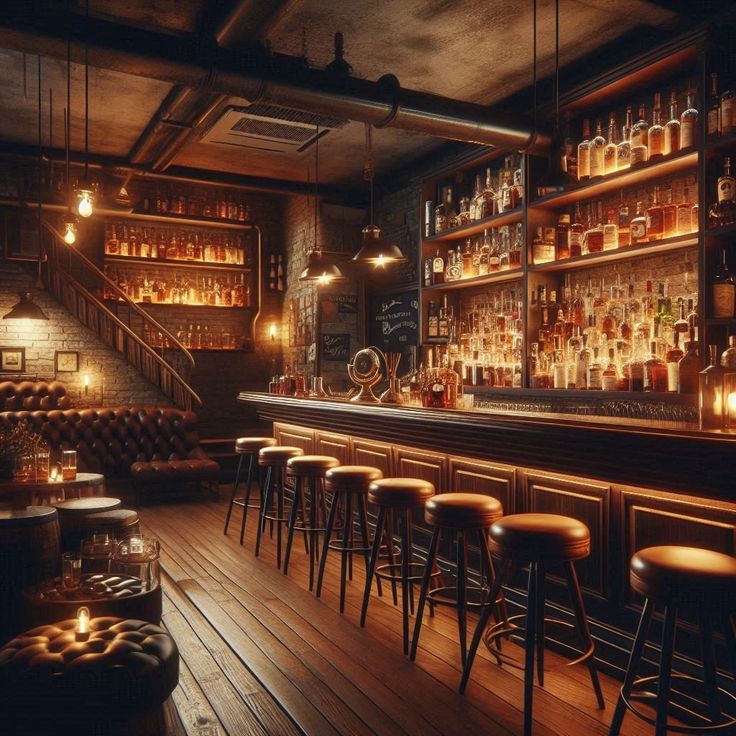 a dimly lit bar with stools and shelves full of liquor bottles on the wall