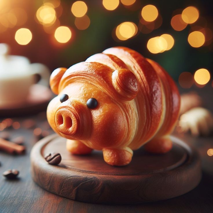 a pig figurine sitting on top of a wooden table