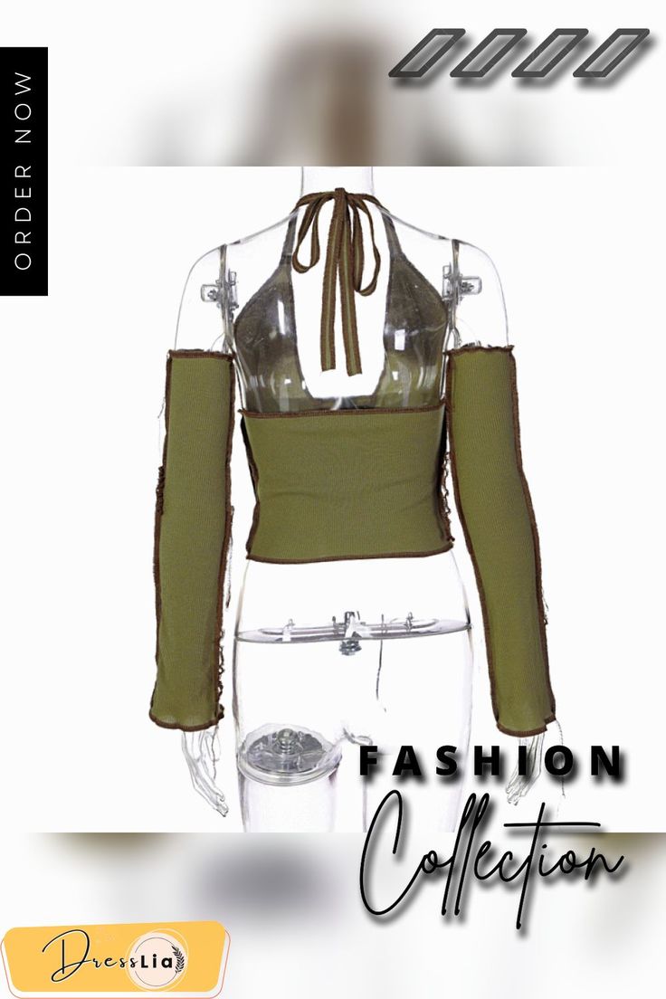 Backless Halter Ribbed Tie Front Top Women Long Sleeve Hollow Out Lace Up T Shirts Patchwork Sexy Bodycon Y2k Crop Top Green Y2k Style Top For Club, Green Y2k Style Club Top, Bodycon Tops For Summer Club Outings, High Stretch Y2k Tops For Club, Fitted Green Mesh Top For Fall, Trendy Green Top For Club, Trendy Bodycon Long Sleeve Tops, Trendy Long Sleeve Bodycon Top, Green Stretch Top For Club