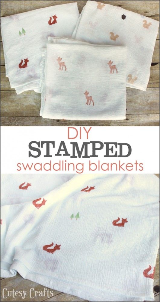 four diy stamped swaddling blankets on top of a wooden table with text overlay that says diy stamped swaddling blankets