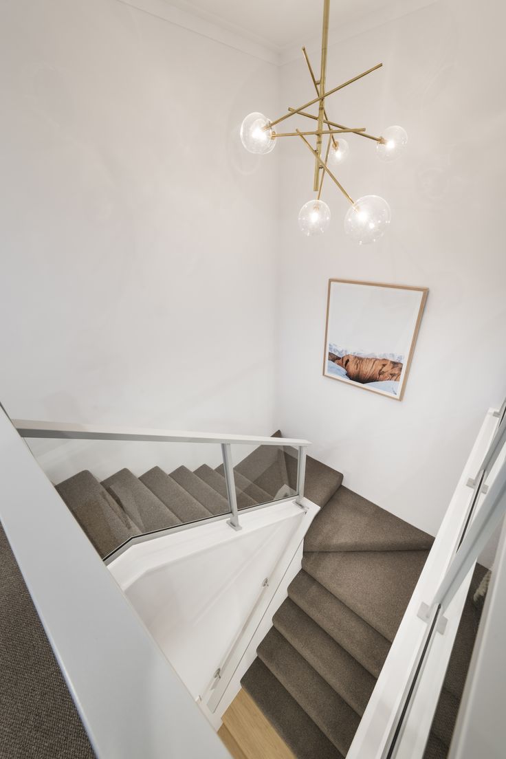 an overhead view of a staircase and light fixture in a white room with carpeted flooring