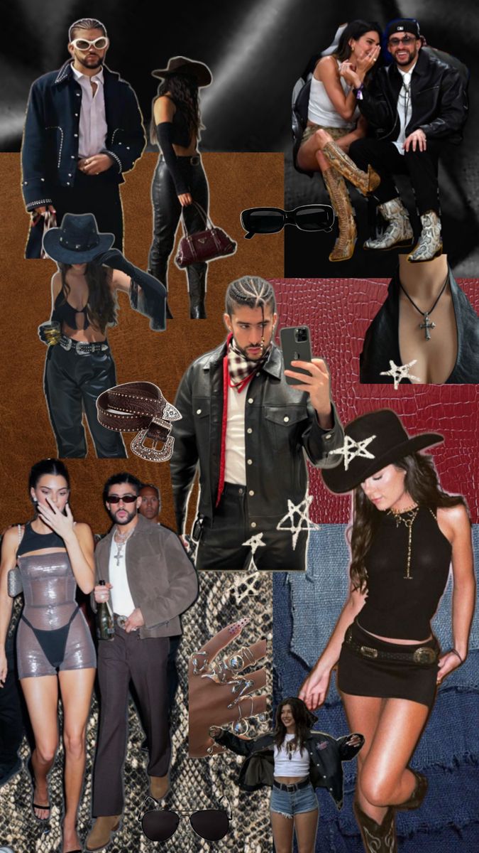 a collage of people dressed up in clothes and hats, with one man holding a cell phone