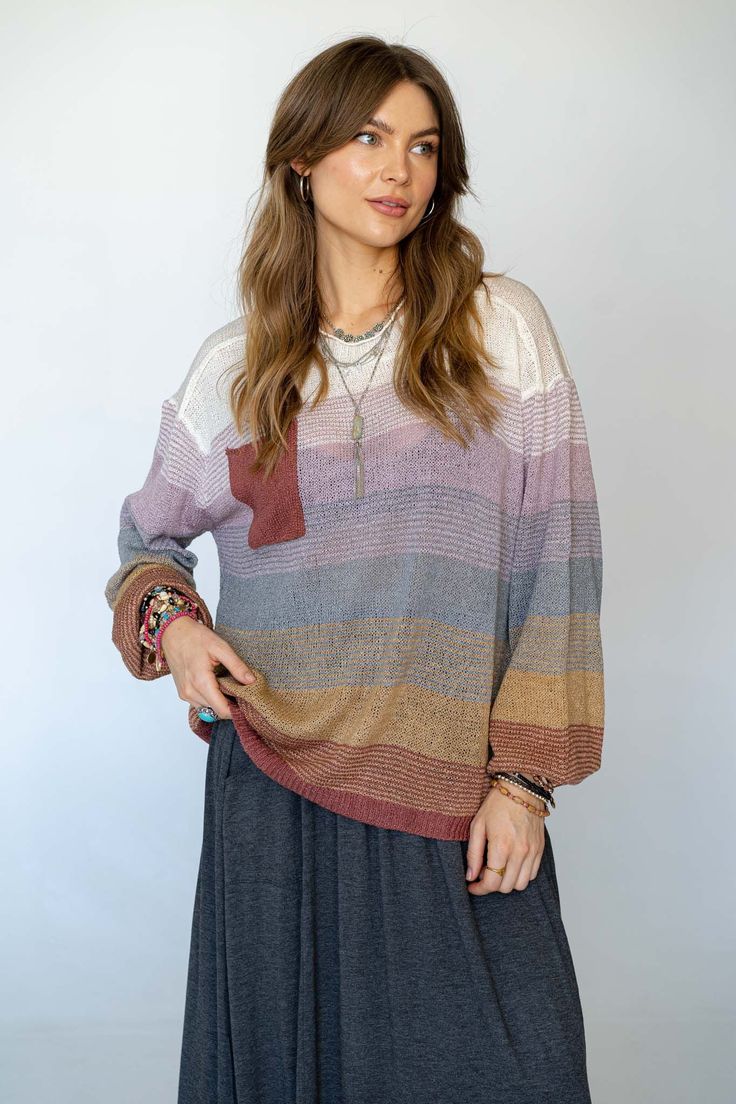 Looking good and being comfortable come together in the Going Places Gradient Stripe Sweater - you're going to love it! Perfect for the fall and winter seasons because it features: Comfy knit fabric Oversized slouchy silhouette Cute gradient striped design Classic crewneck Functional left chest slouchy pocket Cute feminine boho outfit: Tattoo Bralette, Margot Ruffle Skirt, Jupiter Layered Necklace *Due to lighting and differences in monitors, actual colors may vary slightly from what appears onl Boho Outfit, Going Places, Looking Good, Layered Necklace, Ruffle Skirt, Fall And Winter, Stripe Sweater, Stripes Design, Boho Outfits