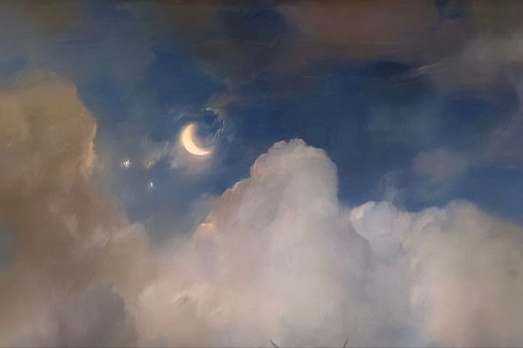 a painting of clouds with the moon in the sky