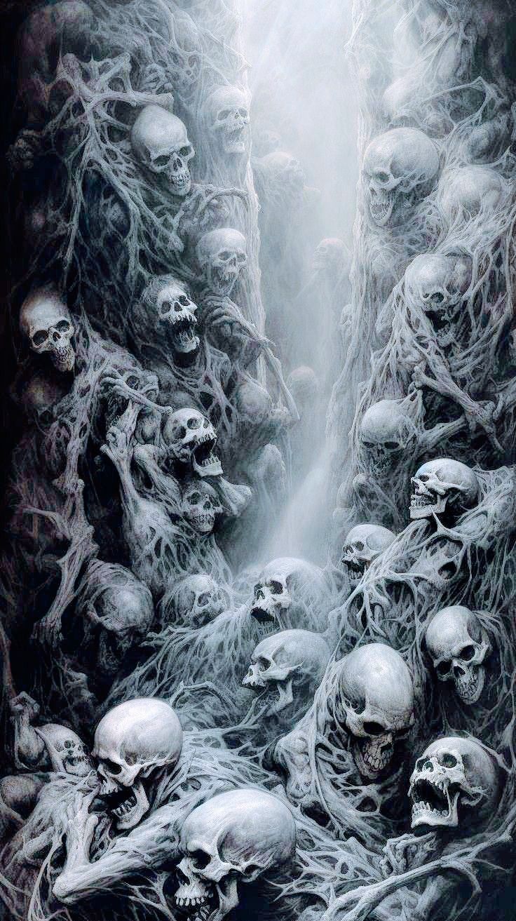 a bunch of skulls are in the middle of a tunnel with water coming from it