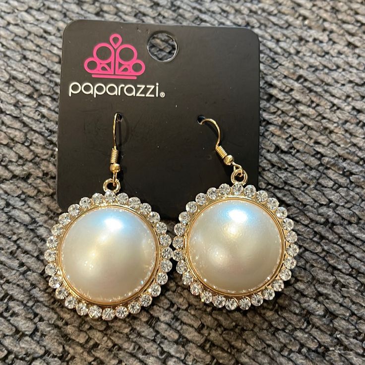 Paparazzi Earrings Chic White Pearl Earrings For Parties, Pearl White Round Earrings For Party, Chic White Clip-on Earrings For Party, White Pearl Earrings For Party, White Round Bridal Earrings For Party, Glamorous White Round Jewelry, White Pearl Drop Clip-on Earrings For Party, Glamorous White Round Earrings, White Pearl Clip-on Earrings For Party