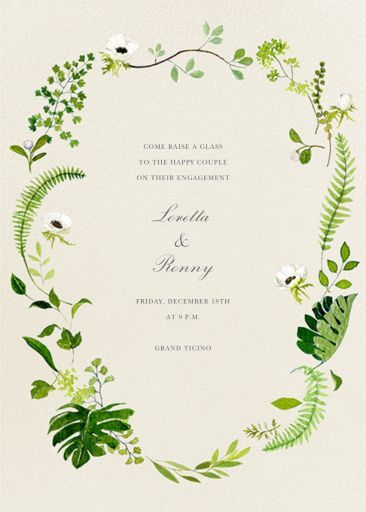 a wedding card with greenery and white flowers in the center, surrounded by green leaves