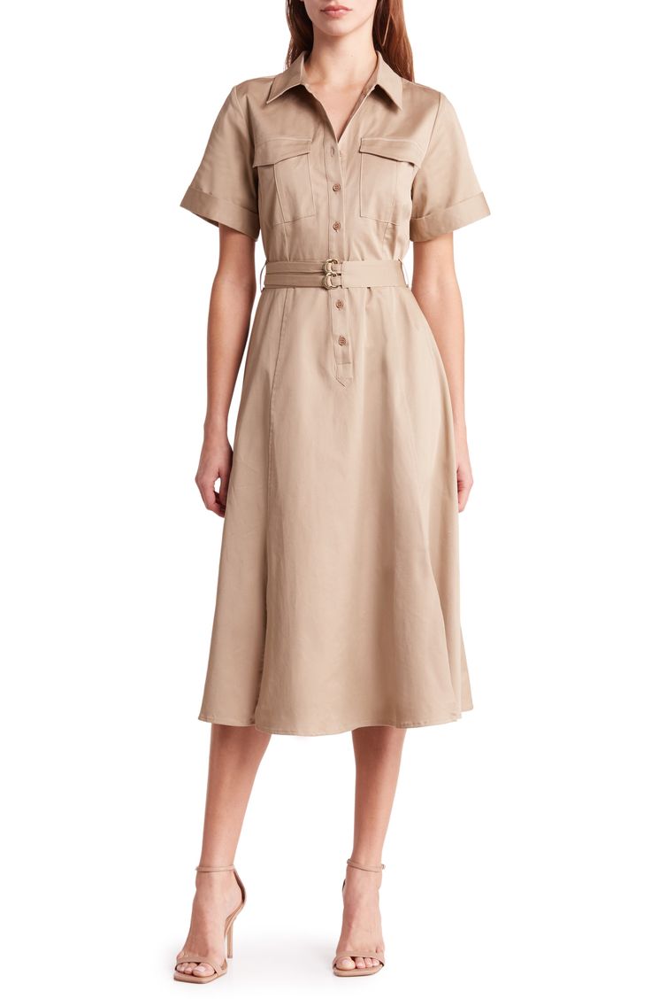 Perfect for work or play, this belted shirtdress is designed with flap pockets and abbreviated cuffed sleeves. 47 1/2" length (size Medium) Button half-placket Spread collar Short sleeves Chest flap patch pockets Removable belt Unlined 100% cotton Hand wash, line dry Imported Fitted Collared Belted Dress With Buttons, Classic Belted Shirt Dress For Semi-formal Occasions, Fitted Button-up Belted Dress For Daywear, Classic Belted Collared Dress, Classic Fitted Collared Belted Dress, Fitted Belted Dress With Button Closure For Work, Fitted Belted Button-up Shirt Dress, Spring Collared Belted Dress With Pockets, Fitted Collared Belted Dress For Work