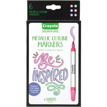 the crayol metallic outline markers are pink and green with white writing on it