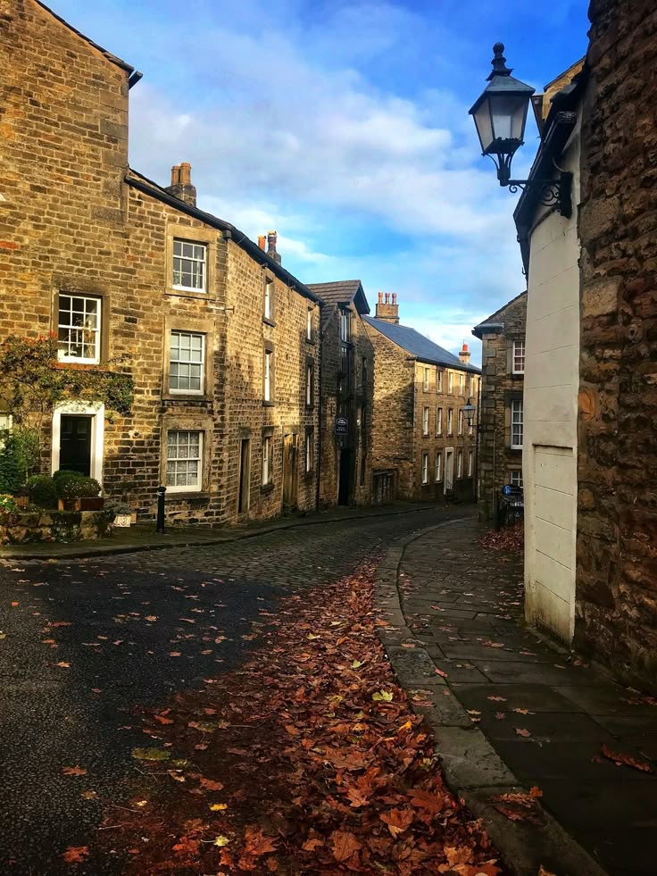 an alley way with old brick buildings and leaves on the ground in front of it