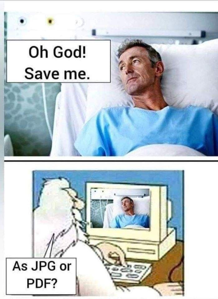 a man laying in bed next to a computer monitor with the caption, oh god save me as jpg or pdp?