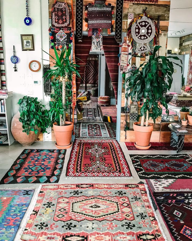 many rugs and plants are on display in a room with lots of potted plants