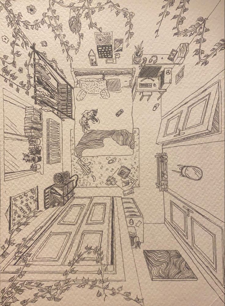 a drawing of a living room with lots of furniture and plants on the walls,